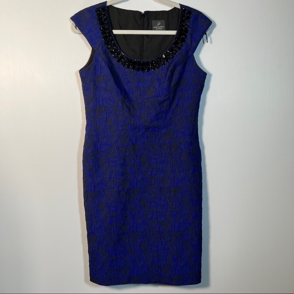 ADRIANNA PAPELL Stunning blue & black brocade sheath with beaded neckline. 8P